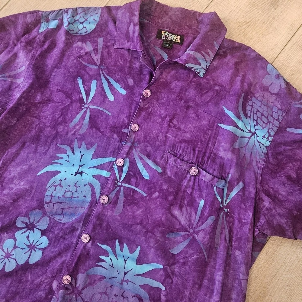 Tropical Tantrum Mens Batik Button Up Shirt Size XL Pineapple Hawaiian Purple